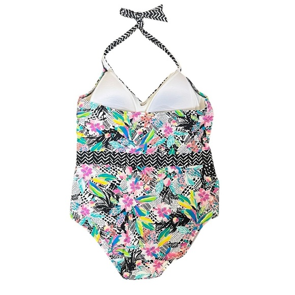 Lands’ End Women's Size 18 Perfect V Swimsuit One-Piece Tropical Floral Halter - Picture 3 of 11